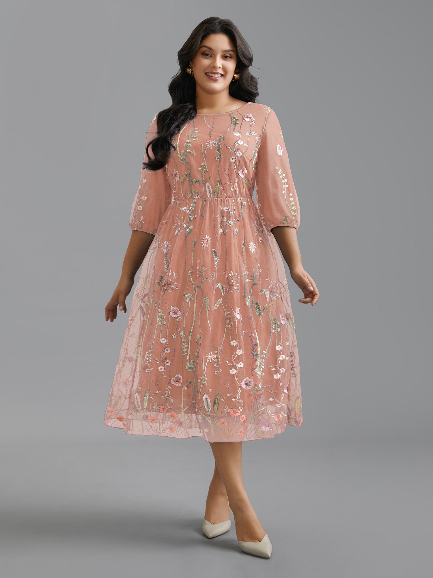 Floral Embroidered Elastic Waist Lined Midi Dress