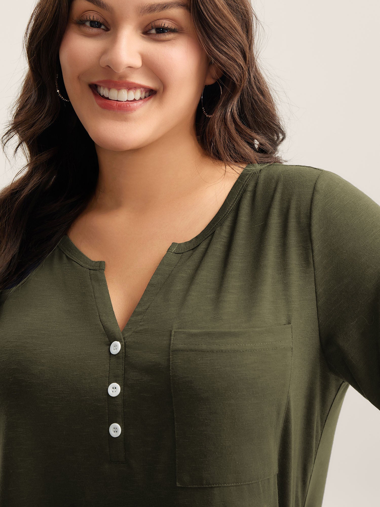 Solid Split Neck Button Detail T-Shirt