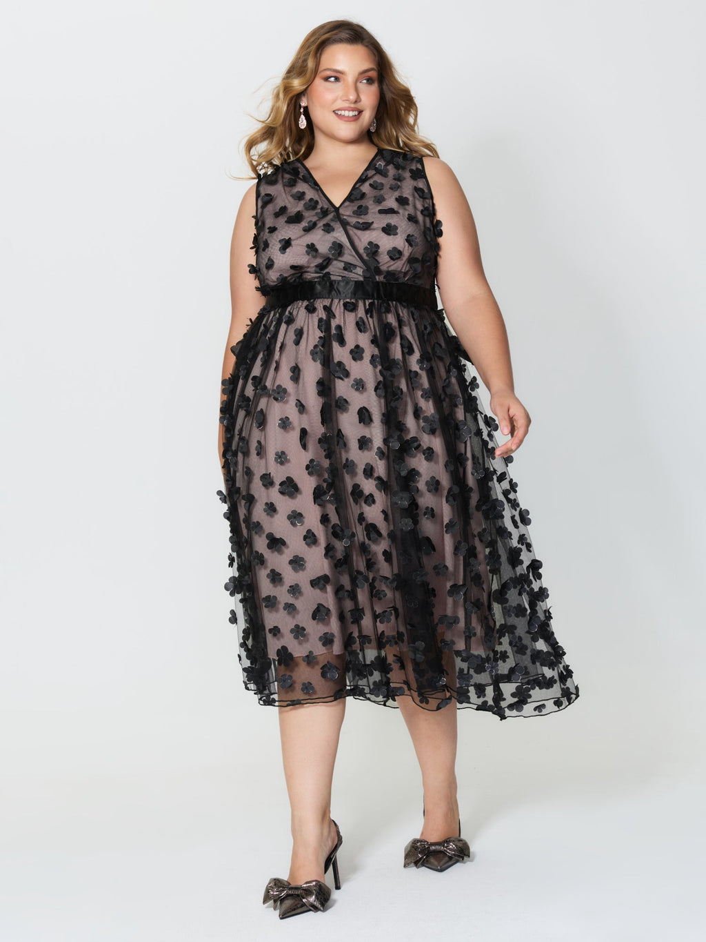 3D Floral Back-Tie Sheer Midi Dress