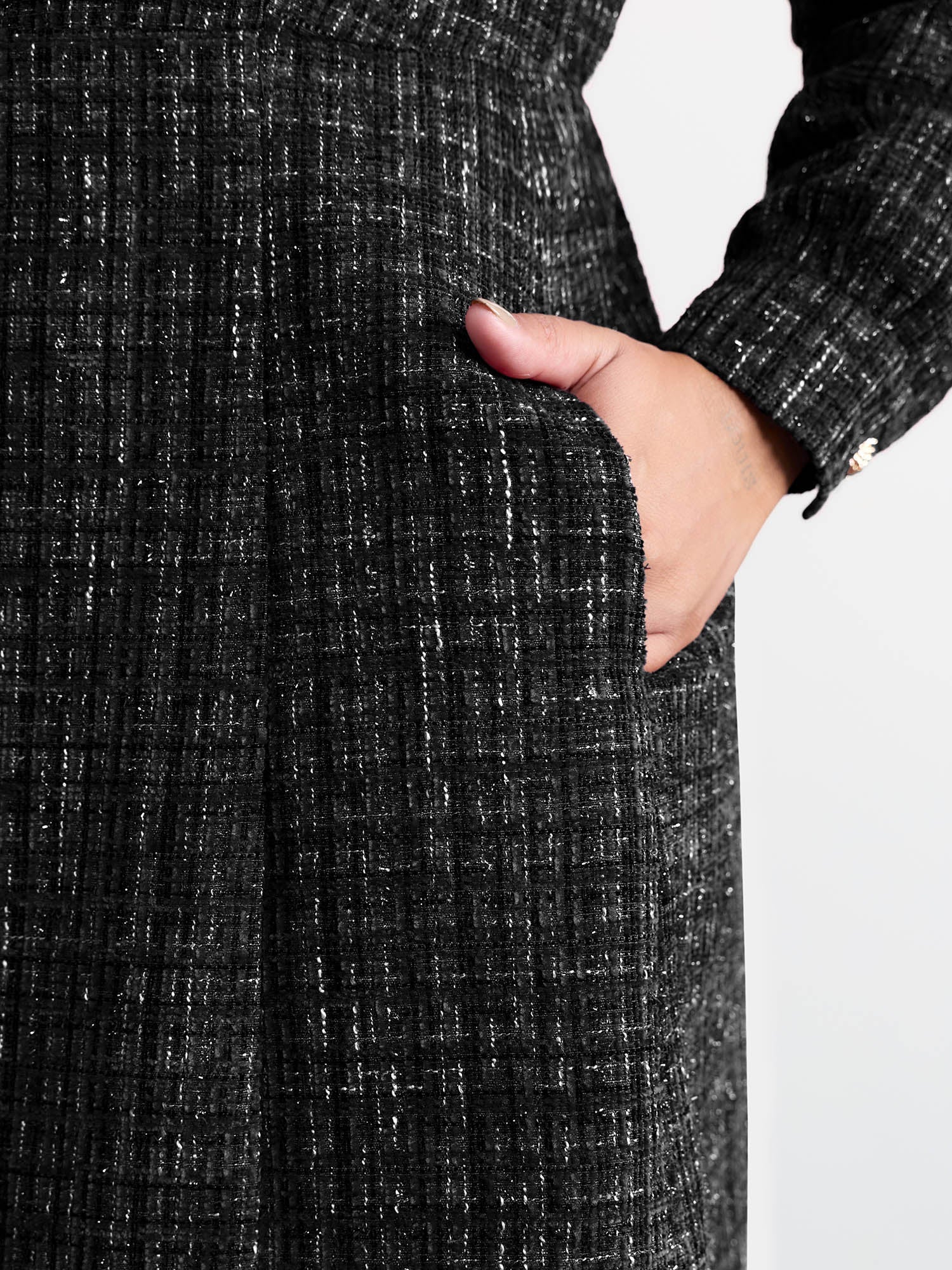 Tweed Metal Button Stretchy Waist Knee Dress