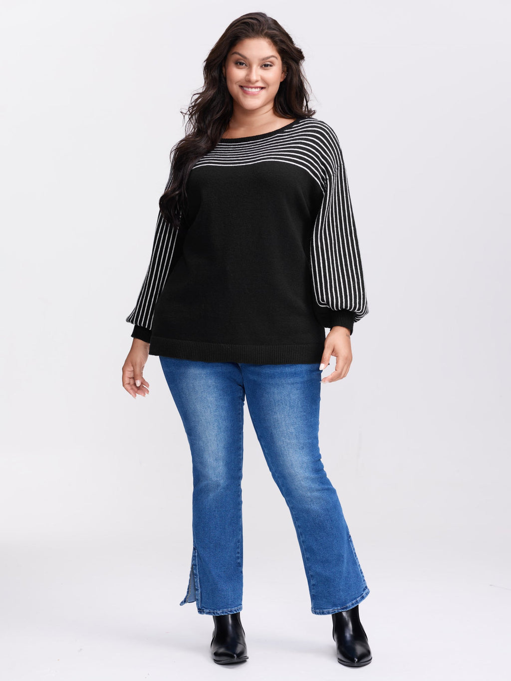 Stripe Boat Neck Balloon Sleeve Pullover