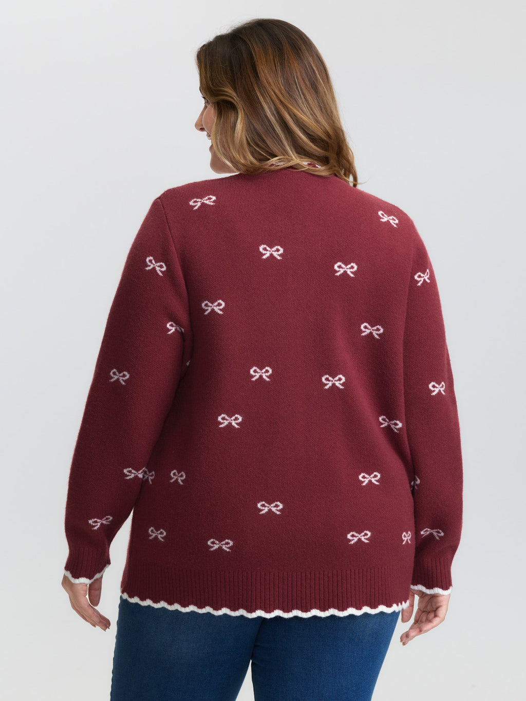 Bowknot Jacquard Wavy Edge Knit Cardigan