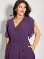 Wrap Neck Flowy Sleeve Sheer Midi Dress