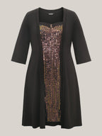 Heart Neckline Patchwork Sequin Button Detail Dress