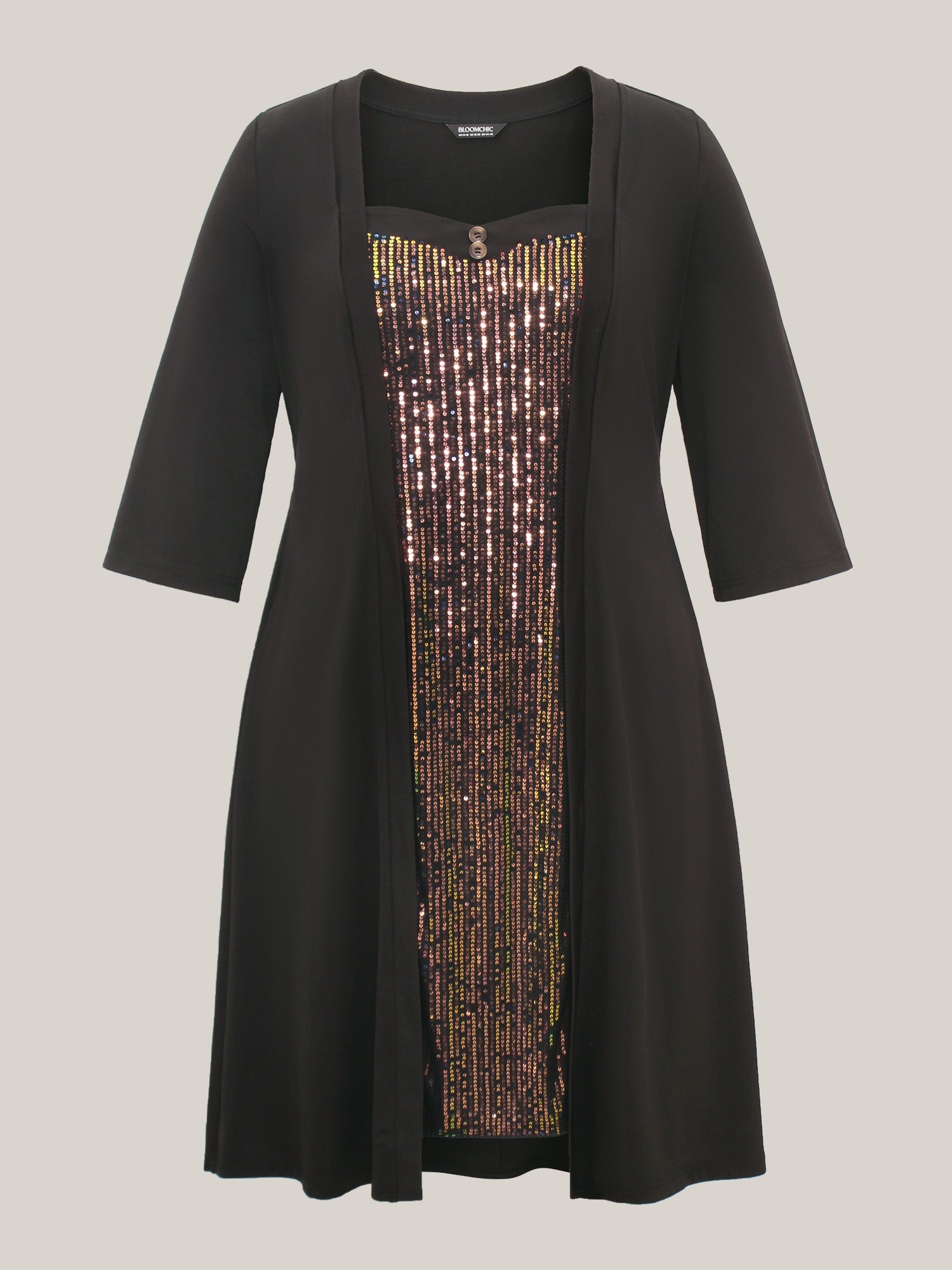 Heart Neckline Patchwork Sequin Button Detail Dress