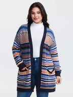 Multicolor Stripe Jacquard Pockets Knit Cardigan