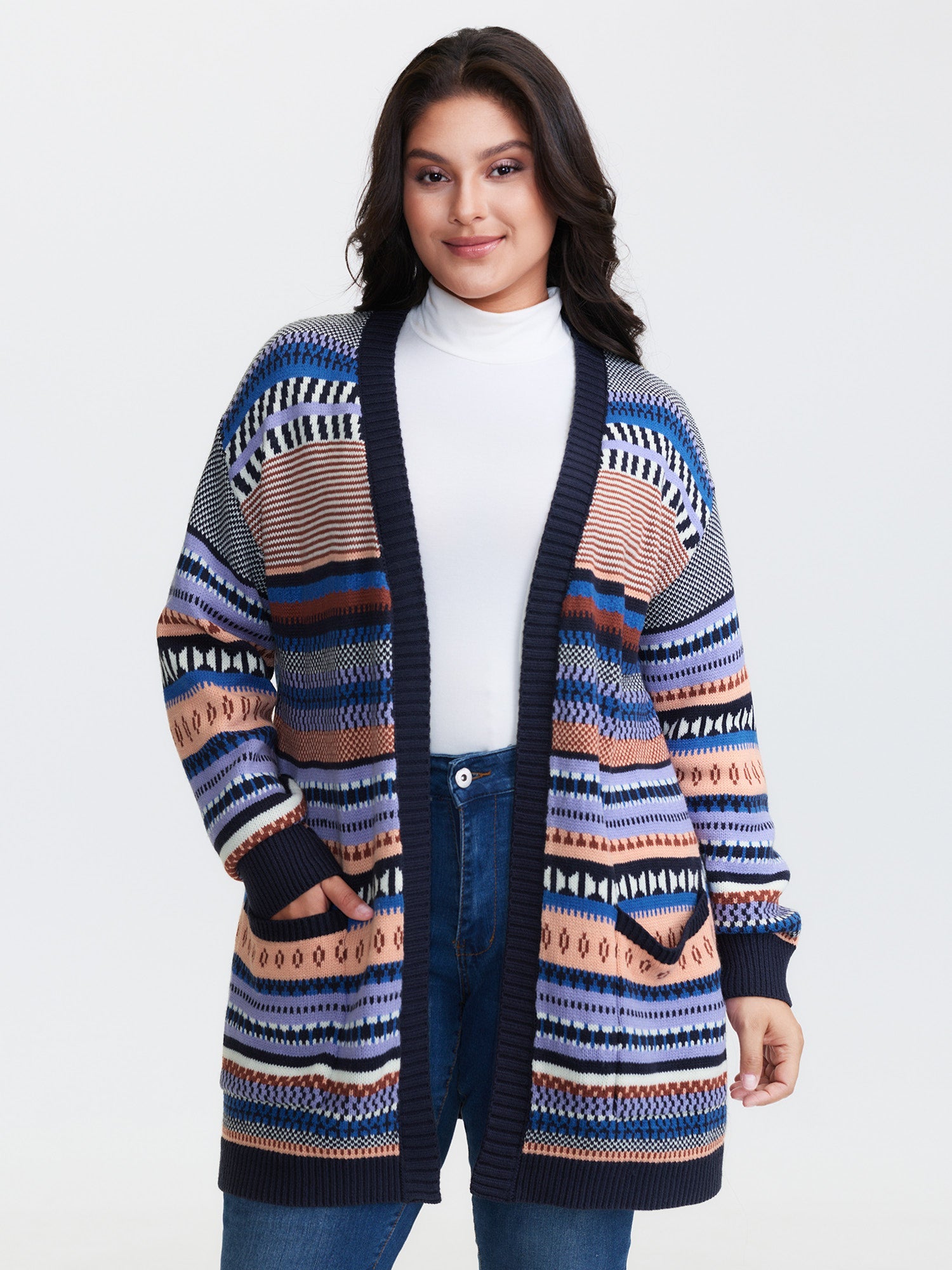 Multicolor Stripe Jacquard Pockets Knit Cardigan