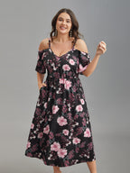 Floral Print Cold-Shoulder Pockets Midi Dress