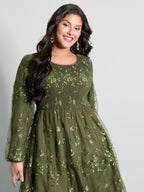 Floral Embroidered Shirred Lined Midi Dress