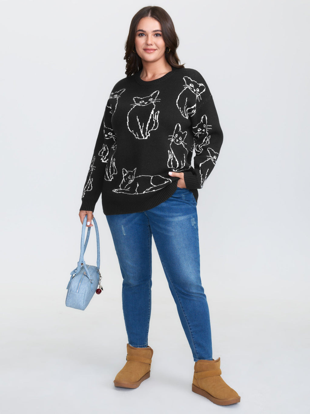 Cat Jacquard Pattern Drop Shoulder Pullover