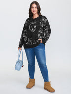 Cat Jacquard Pattern Drop Shoulder Pullover