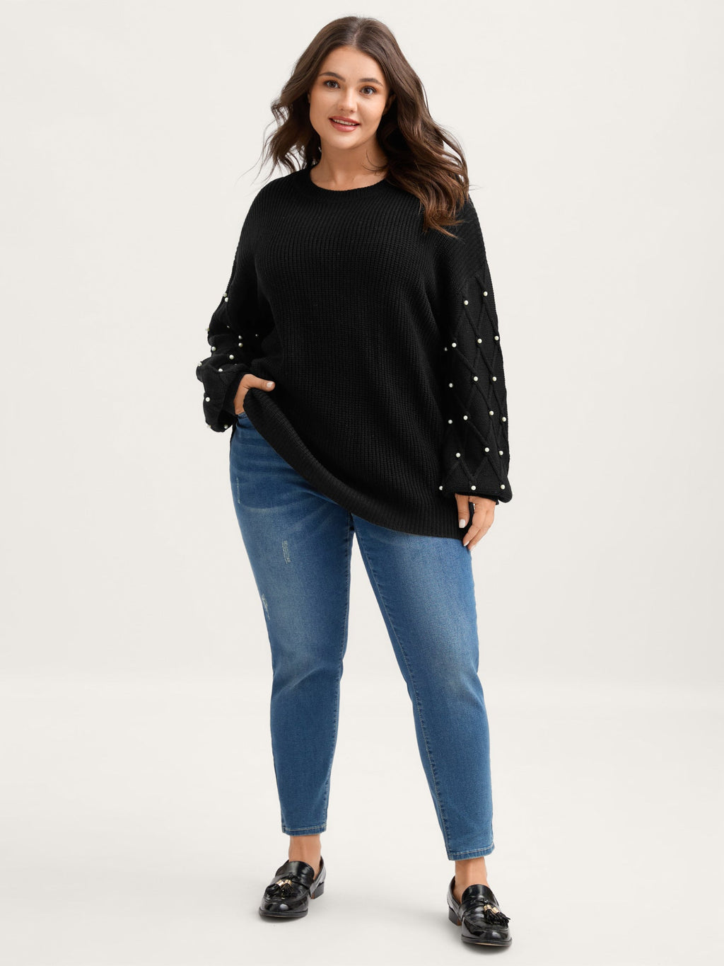 Textured Pearl Detail Drop Shoulder Pullover