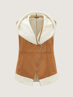 Suede Fluffy Zipper Hooded Vest Coat