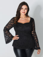 Lace Trim Sweetheart Neck Ruched Knit Top