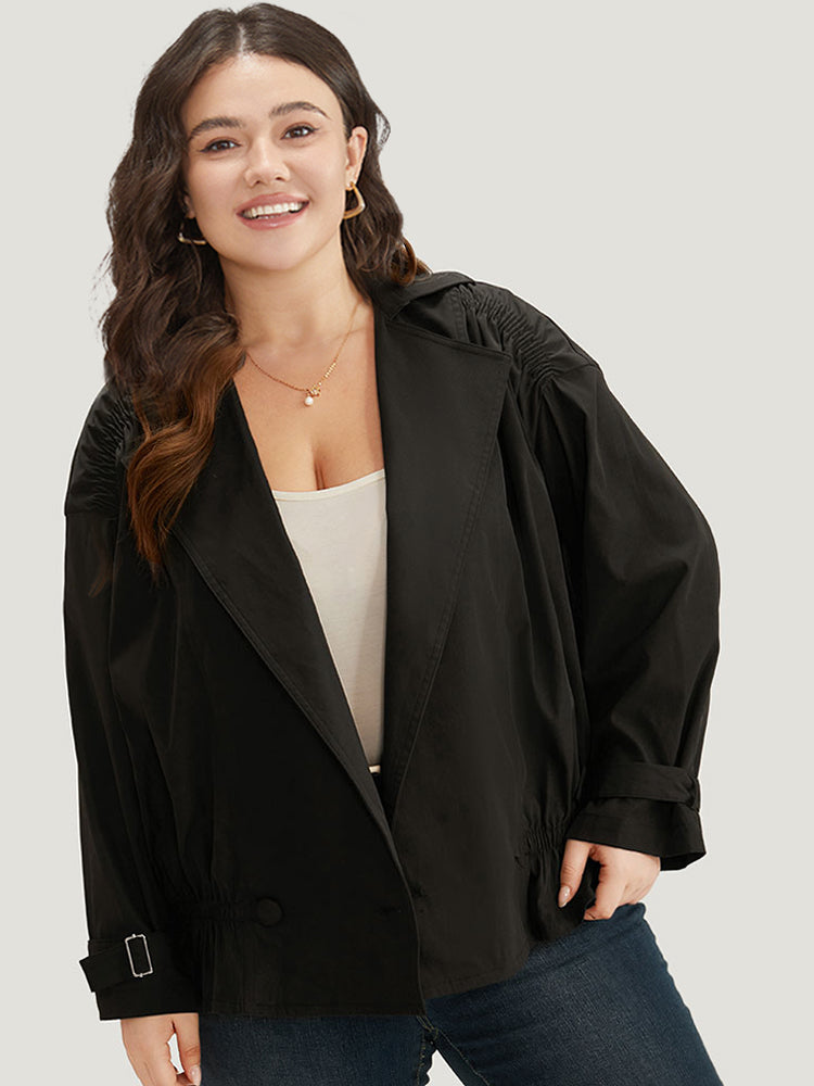 Shirred Lapel Collar Metal Buckle Button Up Coat