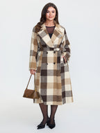 Plaid Lapel Double Breasted Belted Waist Coat