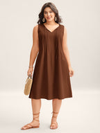 Cotton Toothpick Pleat Plain Midi Dress