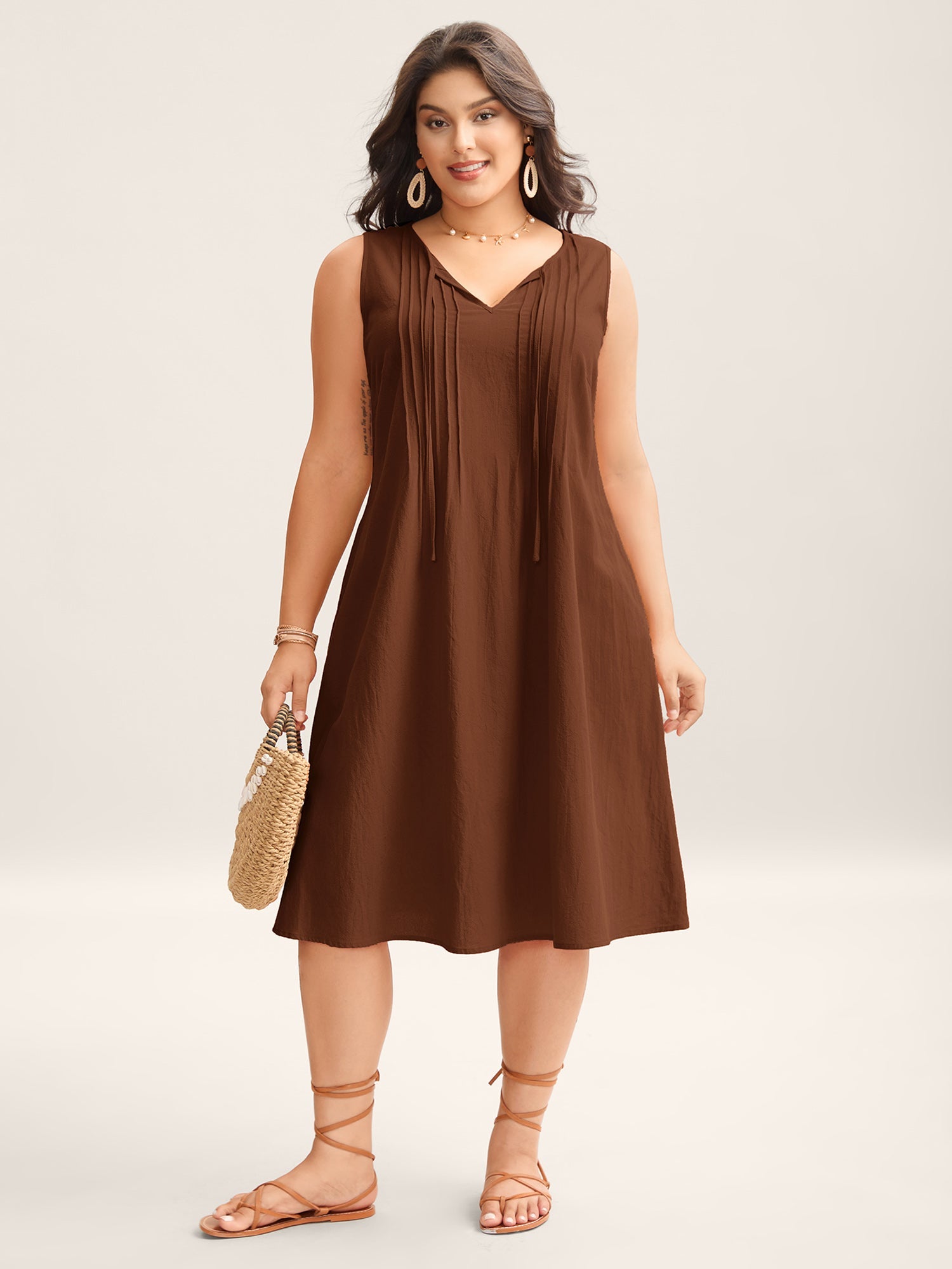 Cotton Toothpick Pleat Plain Midi Dress