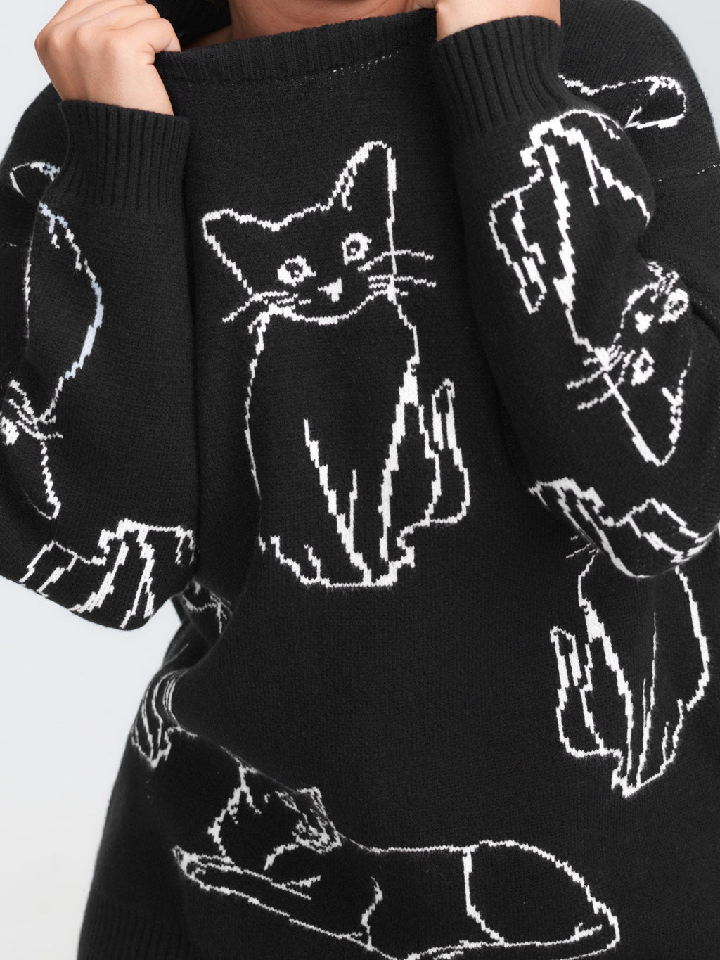 Cat Jacquard Pattern Drop Shoulder Pullover