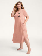 Happy Cat Print Stretchy Contrast Sleep Dress