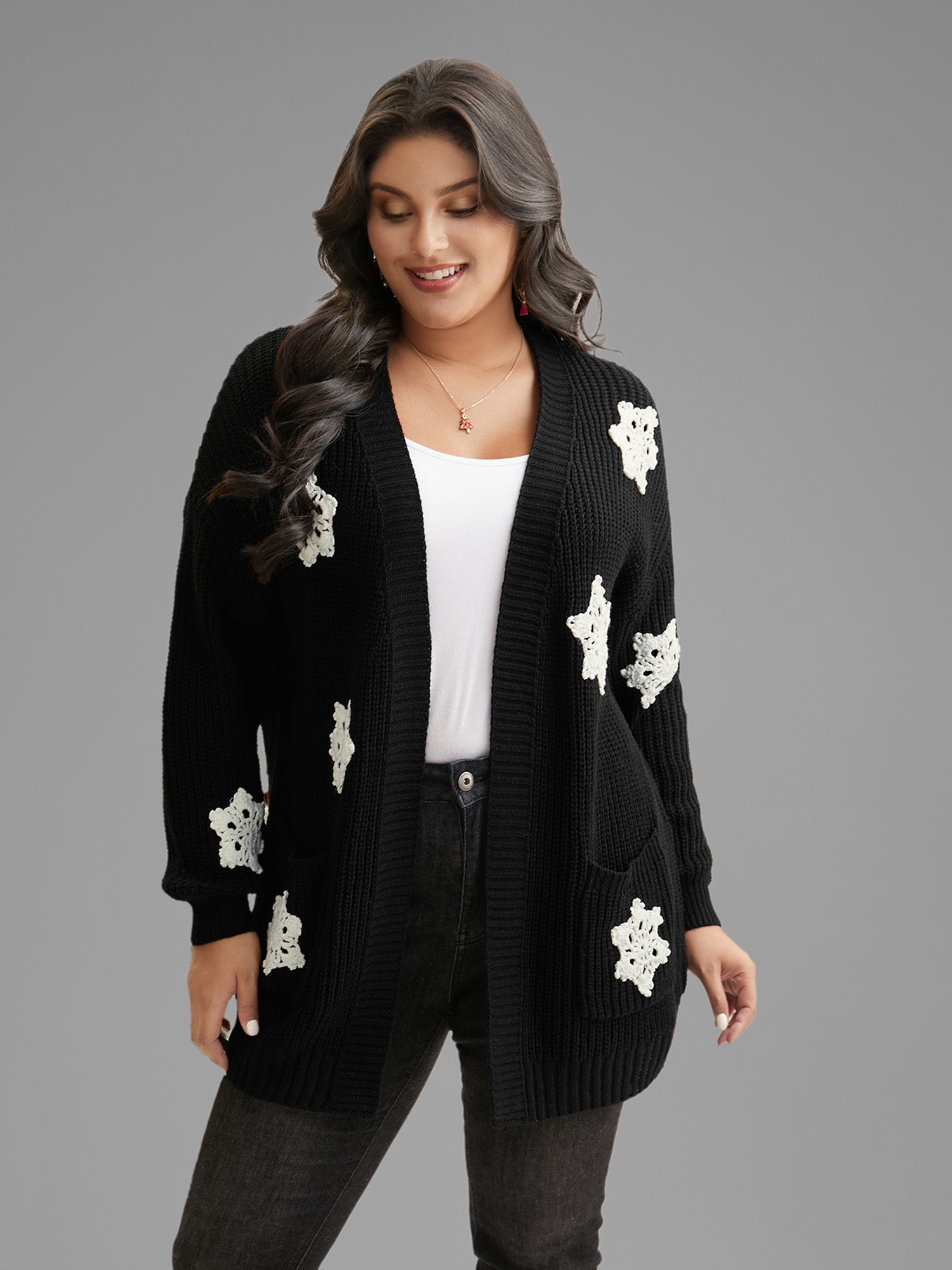 Snowflakes Embroidered  Open Cardigan