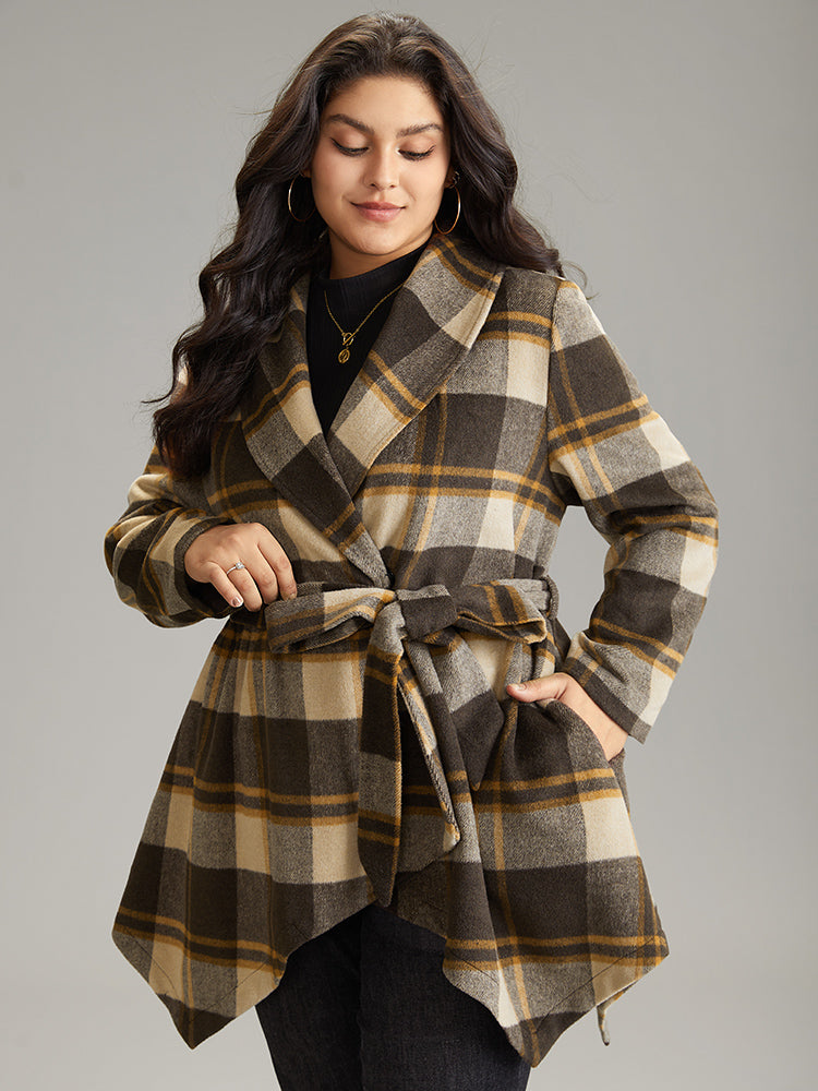 Plaid Belted Lapel Collar Hanky Hem Coat