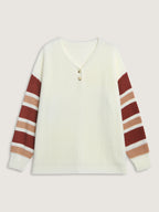 Striped Sleeve Button Neckline Pullover
