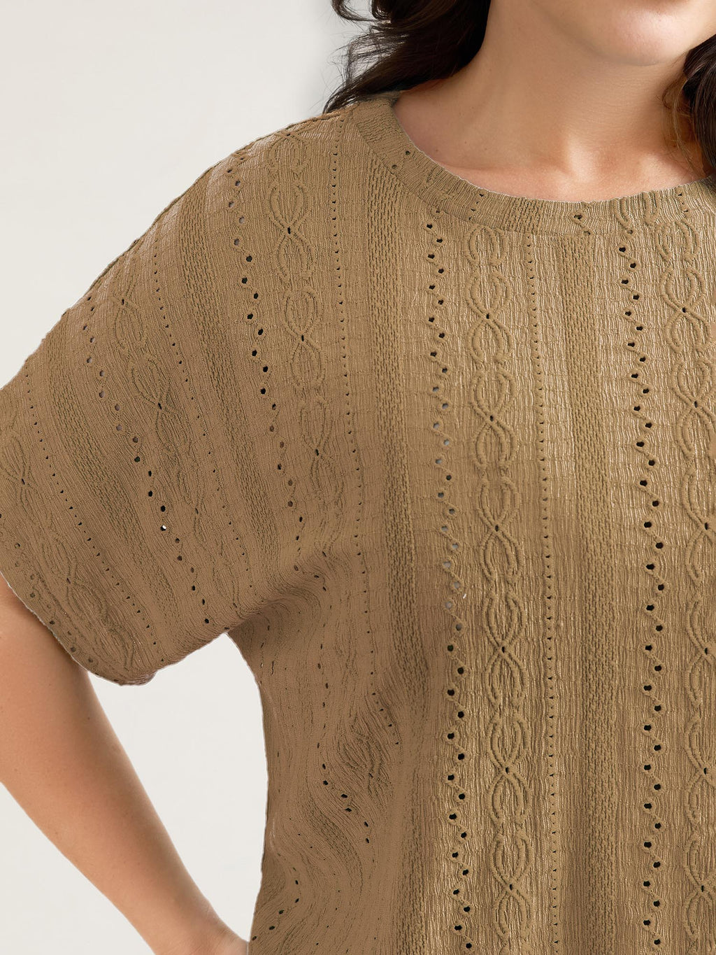 Eyelet Trim Stretchy Textured Plain Top