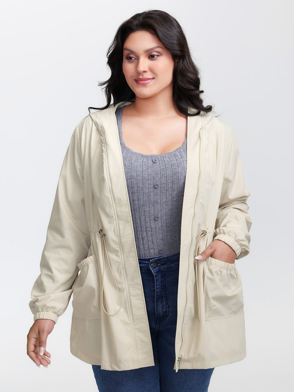 Drawstring Waist Pockets Hooded Coat