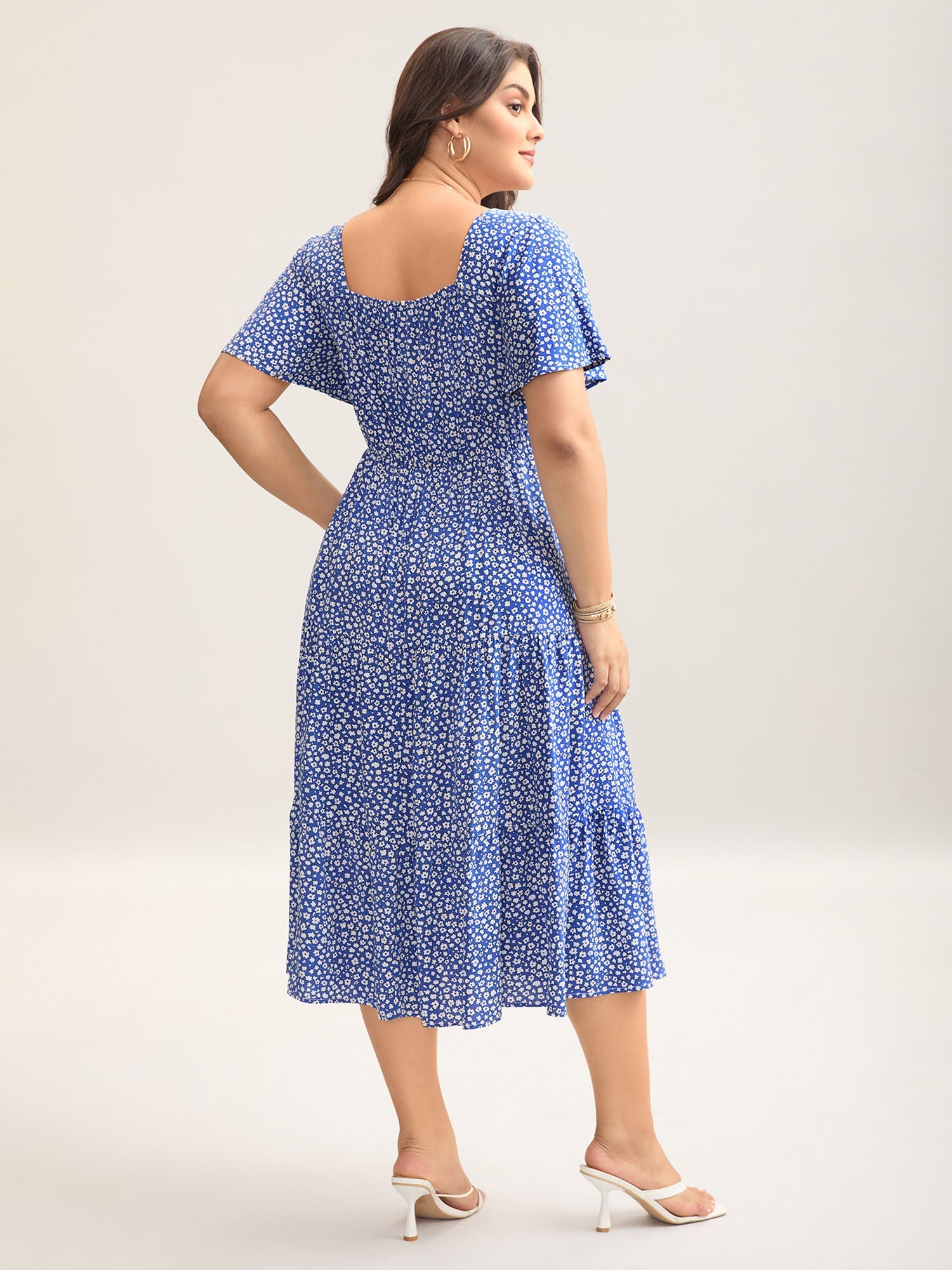 Ditsy Floral Sweetheart Drawstring Pocket Tiered Dress