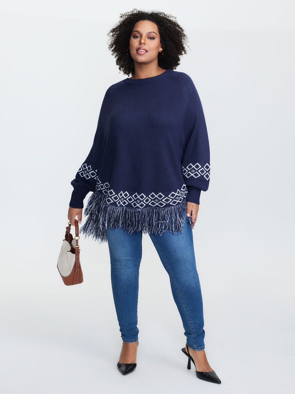 Jacquard Geometric Pattern Fringe Pullover
