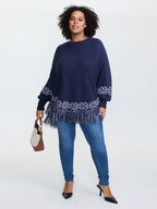 Jacquard Geometric Pattern Fringe Pullover