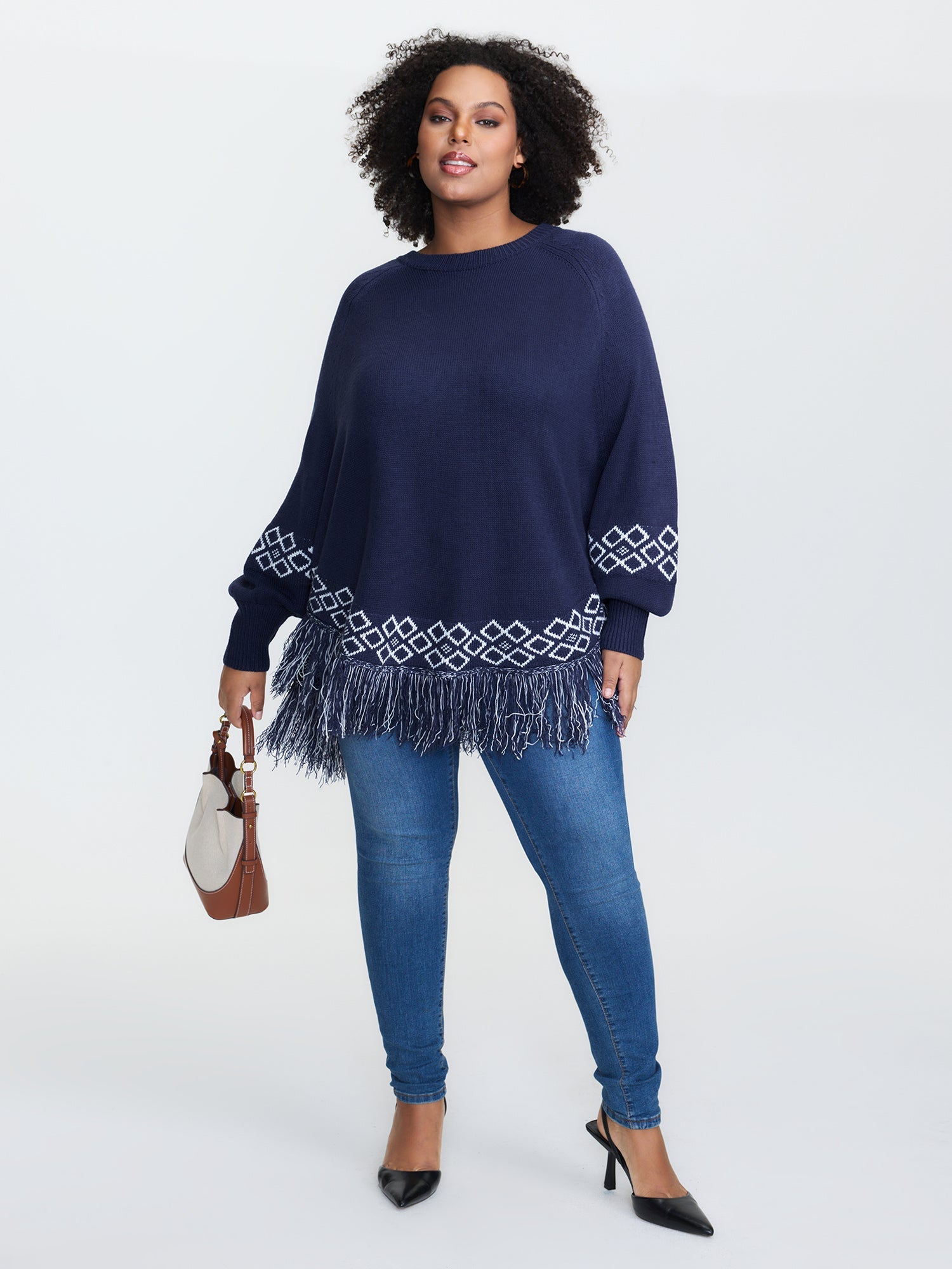 Jacquard Geometric Pattern Fringe Pullover