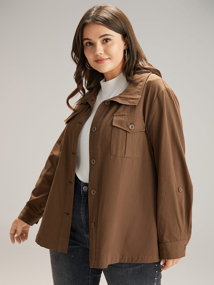 Plain Roll Tab Sleeve Button Down Coat