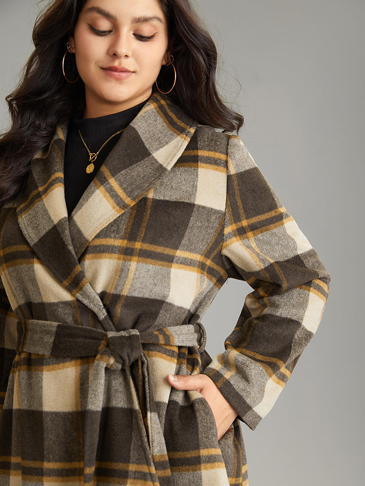 Plaid Belted Lapel Collar Hanky Hem Coat