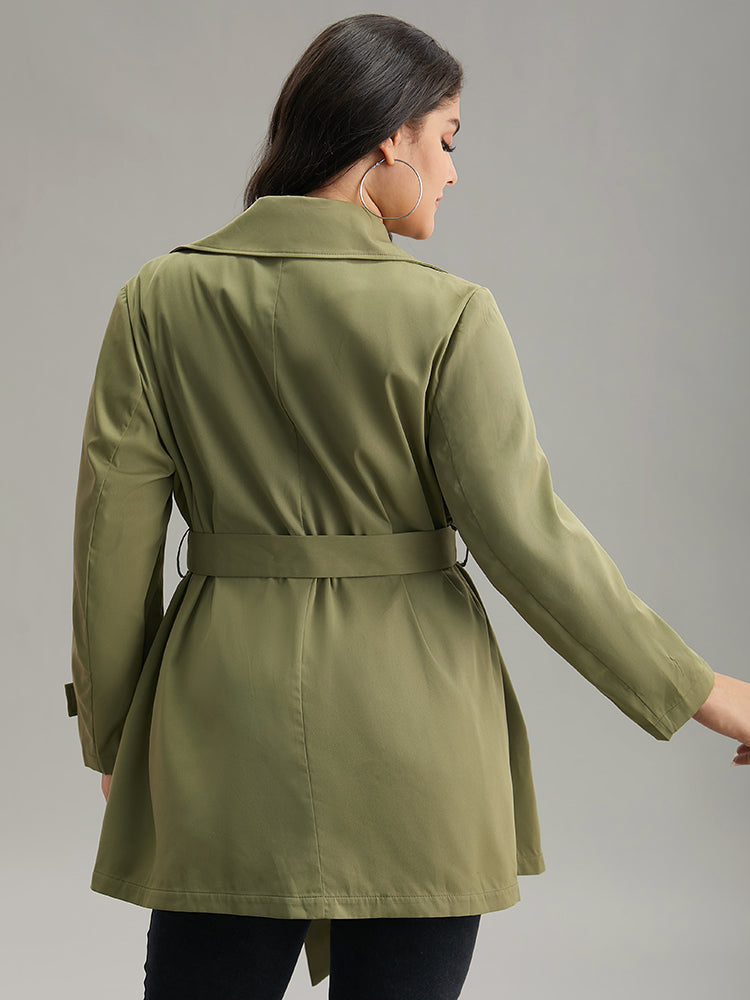 Plain Double Breasted Belted Pocket Windbreaker