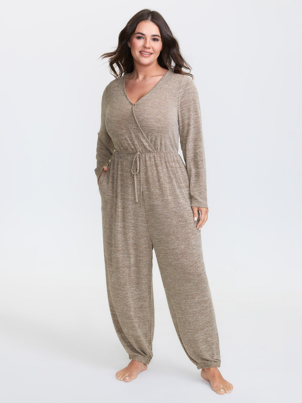 Elastic Waist Overlap Collar Lounge Jumpsuit