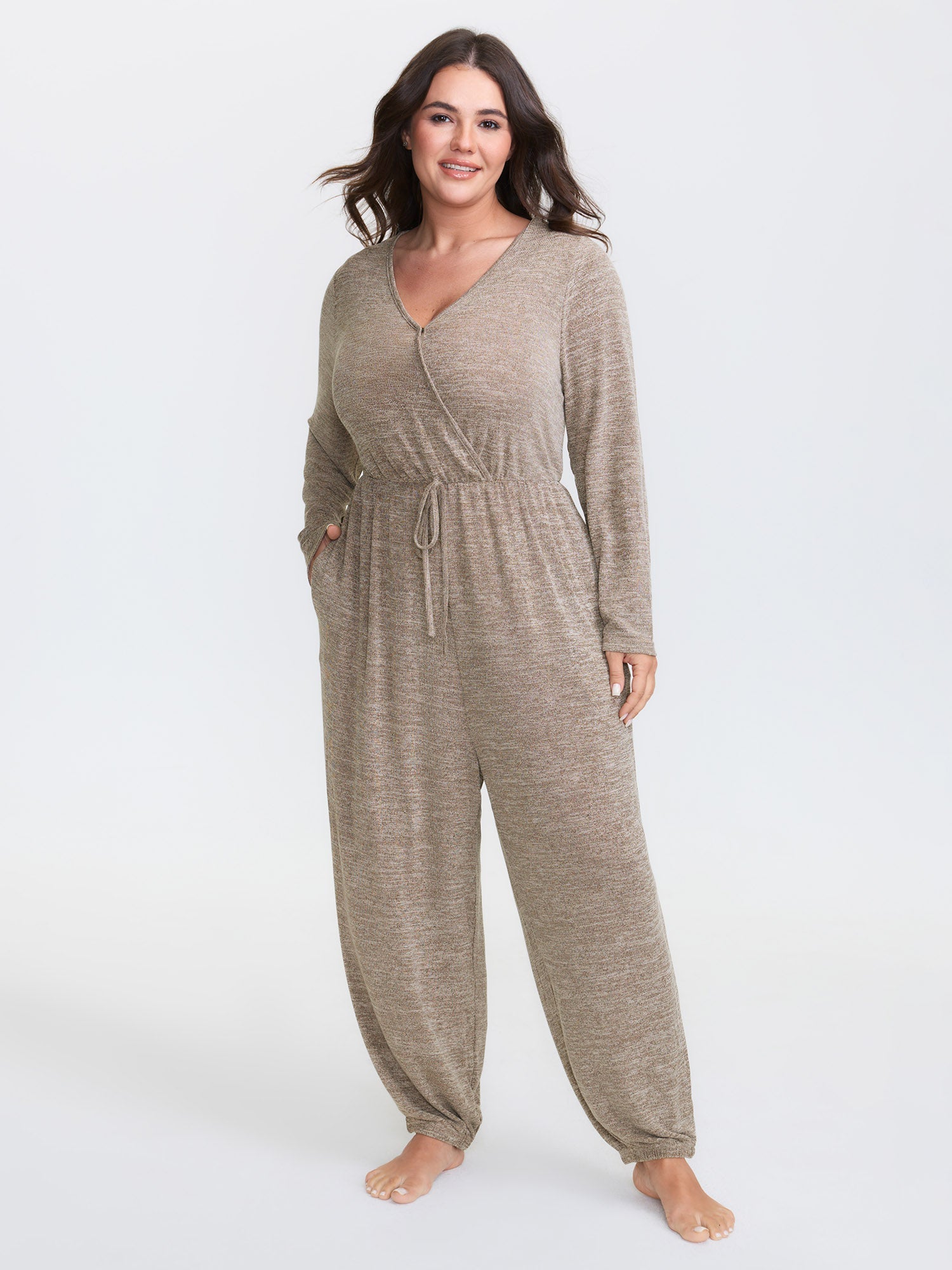 Elastic Waist Overlap Collar Lounge Jumpsuit