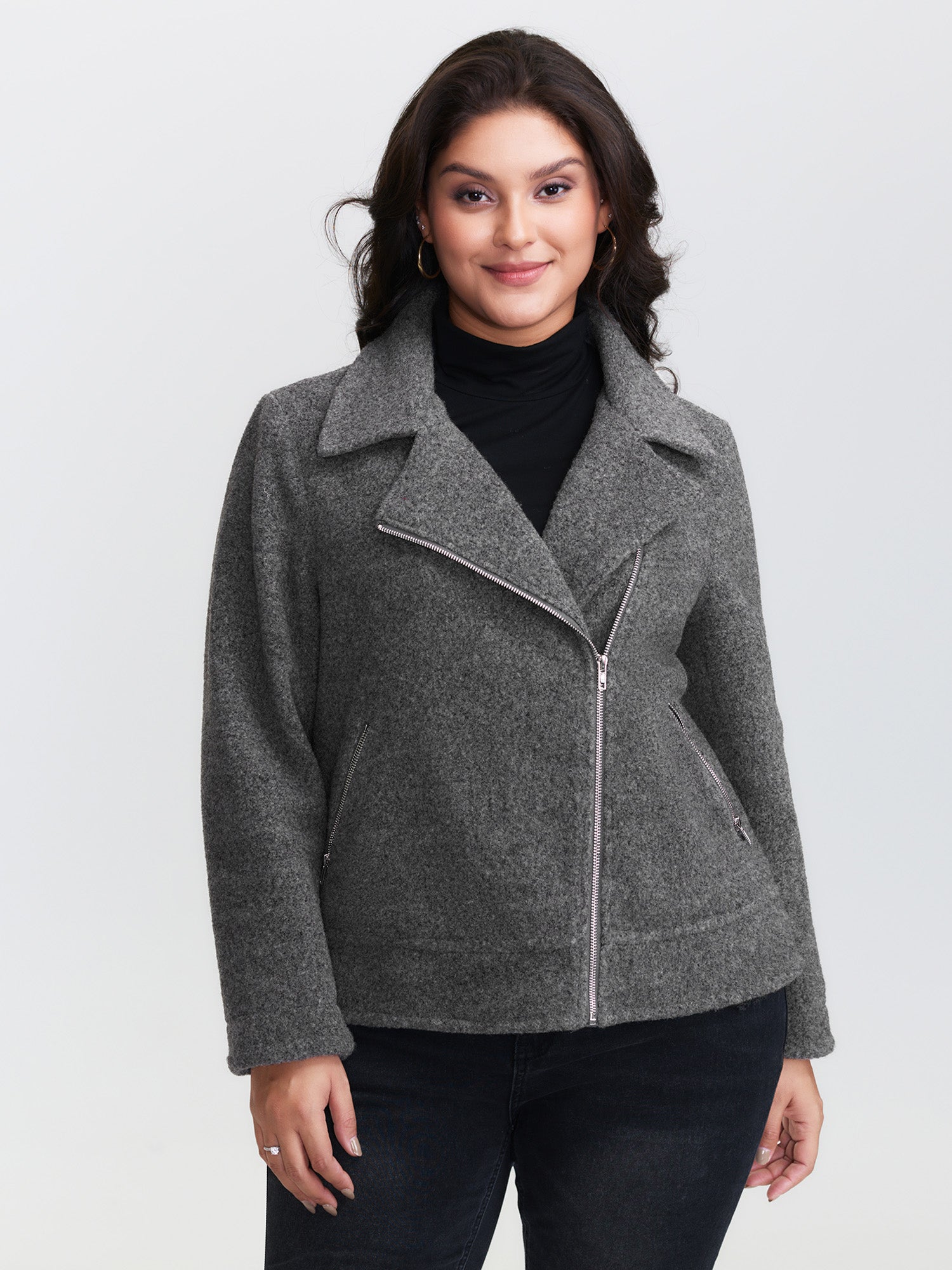 Textured Pockets Crossover Zipper Jacket