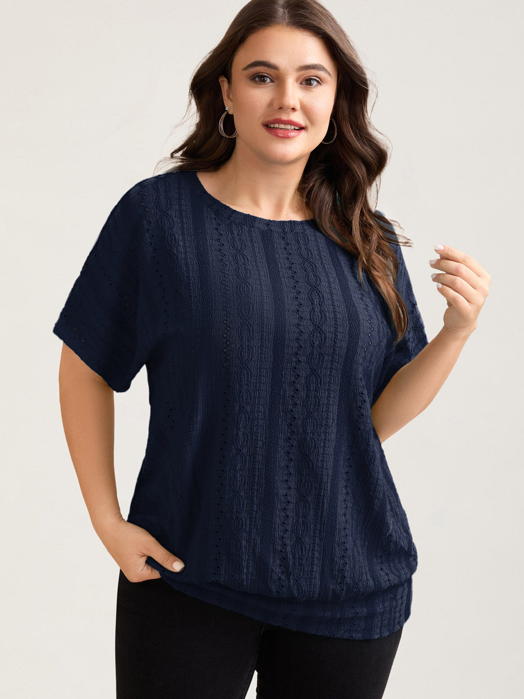 Eyelet Trim Stretchy Textured Plain Top