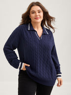 Supersoft Cable Knit Polo Collar Contrast Pullover