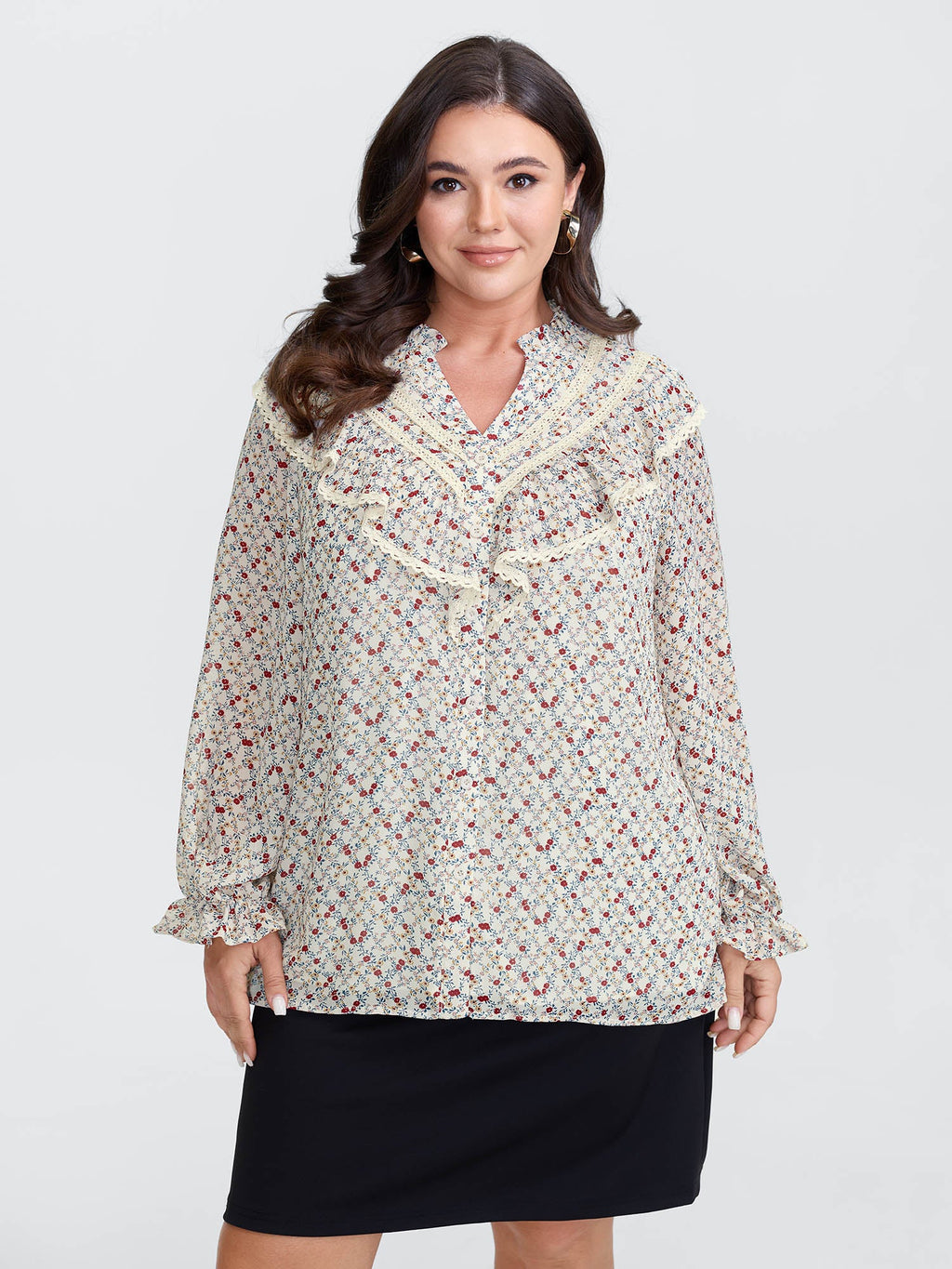 Lace Trim Ruffled Lettuce Edge Blouse