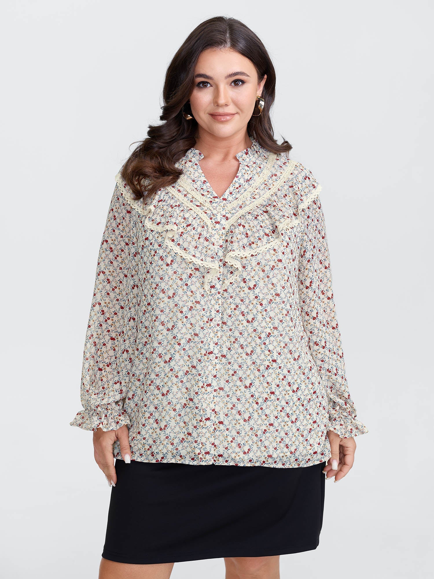 Lace Trim Ruffled Lettuce Edge Blouse