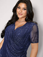 Shimmery Wrap Neck Sheer Sleeve T-Shirt