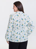 Floral Print Waist Defining Neck Tie Blouse