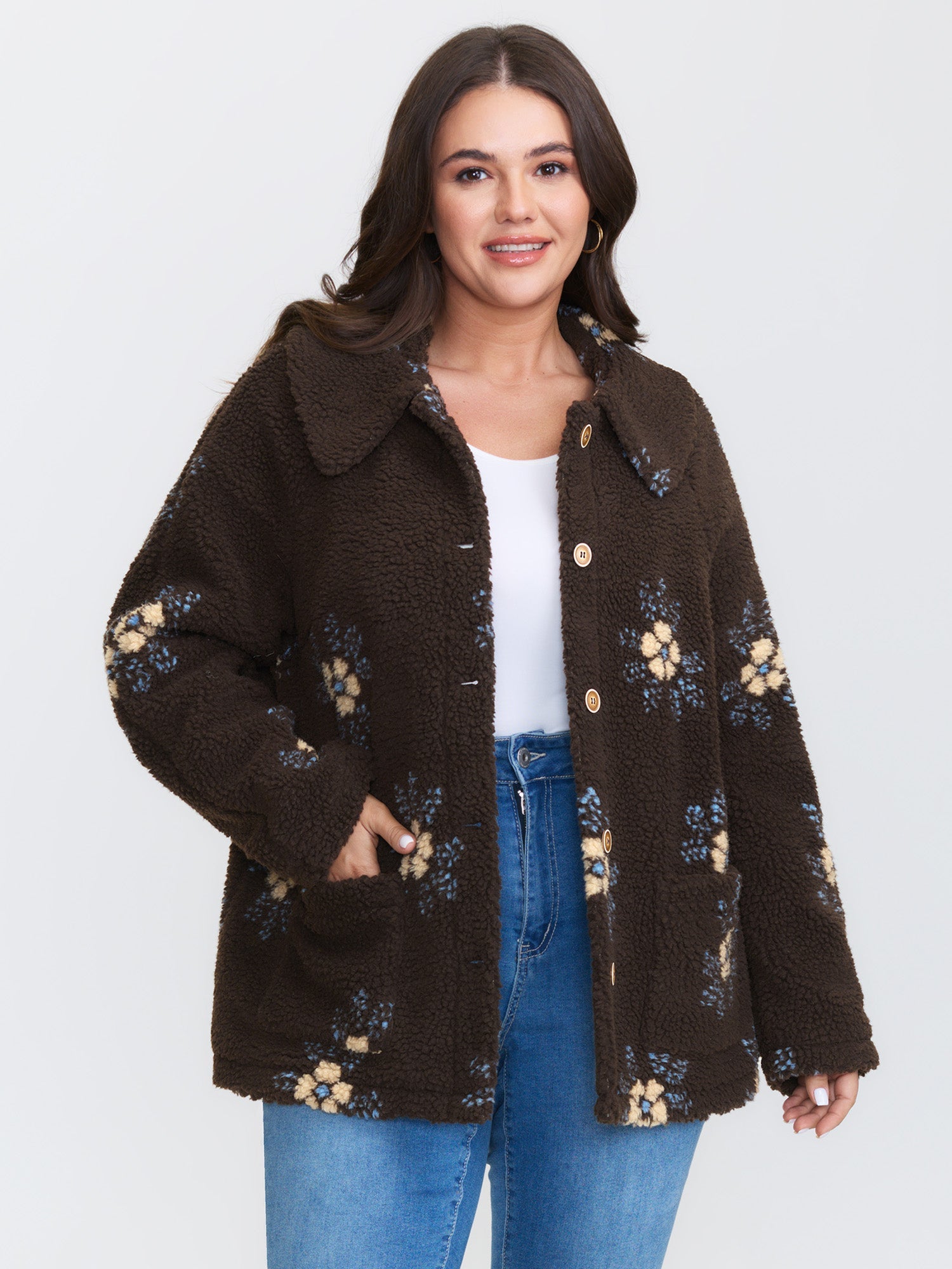 Fluffy Floral Pattern Pocket Coat