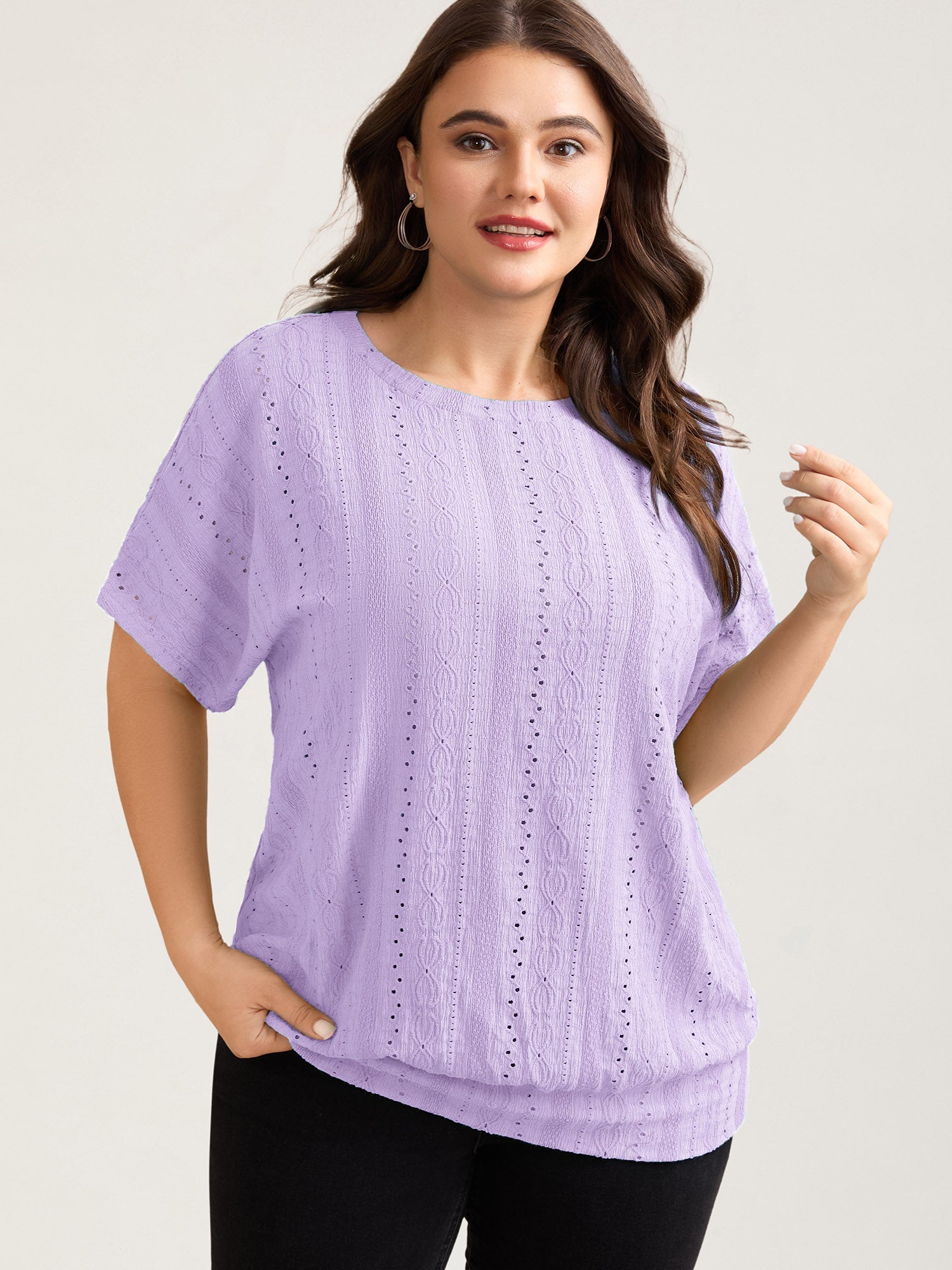 Eyelet Trim Stretchy Textured Plain Top