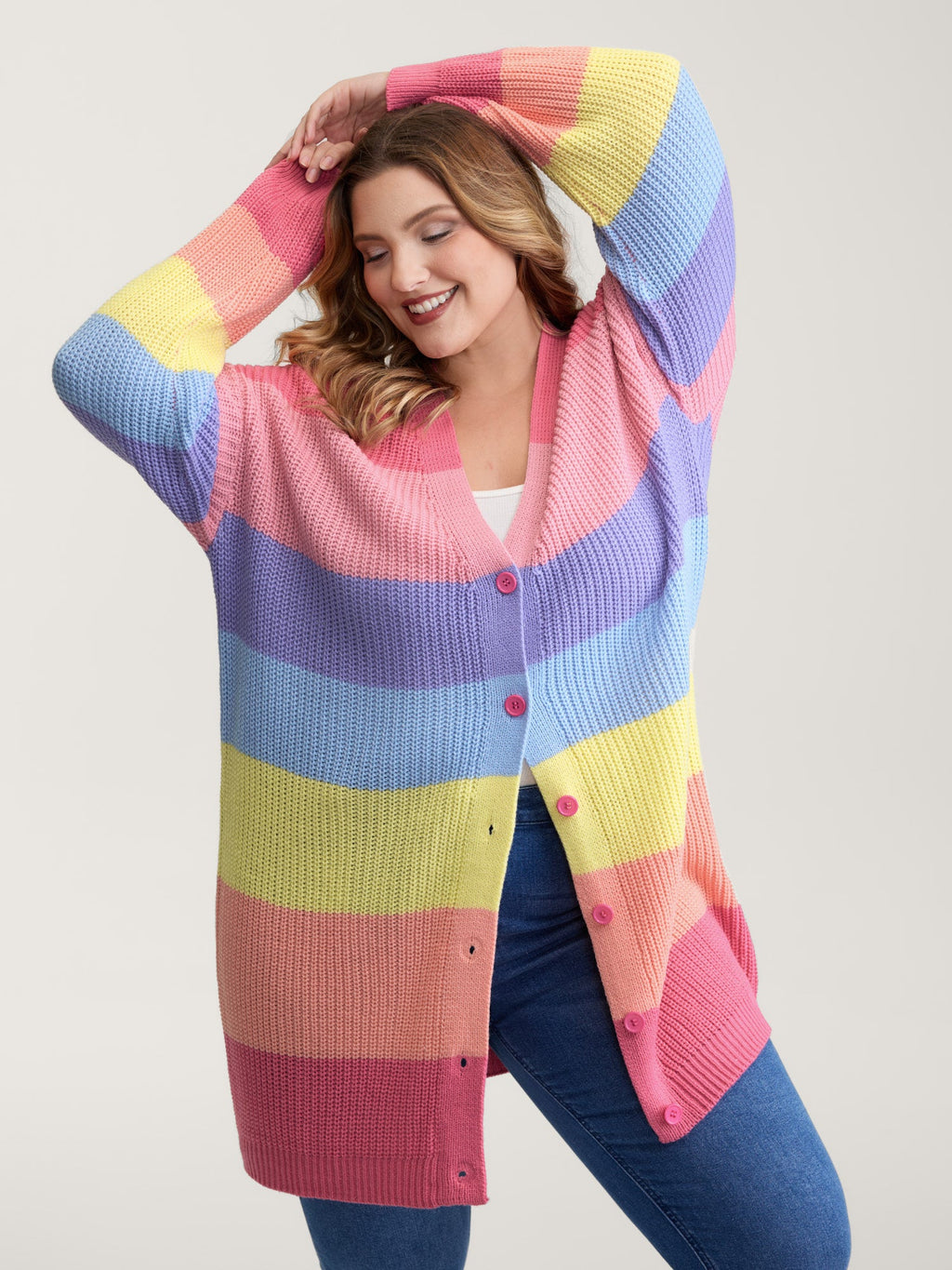 Colorblock Contrast Texture Button Cardigan