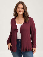 Supersoft Textured Floral Button Ruffled Hem Knit Cardigan