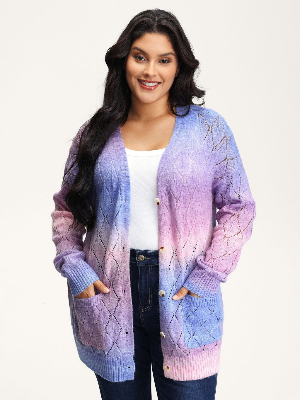 Ombre Gradient Eyelet Trim Knit Cardigan
